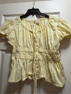 Light Yellow Smocked Button-Front Peasant Blouse